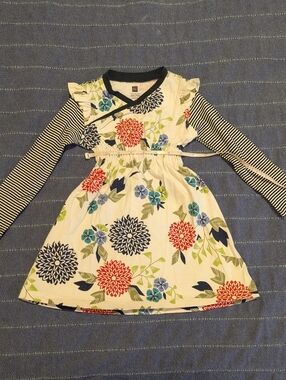 Tea Collection Cream Floral Dress with Navy Stripes Girls, 2